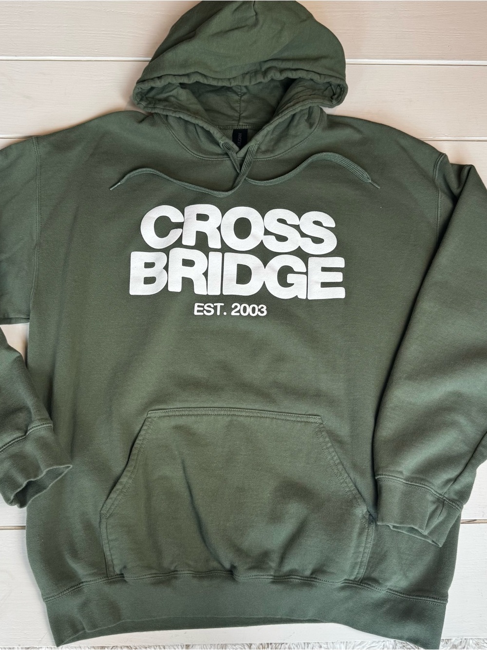 Gildan Olive Green Cross Bridge Hoodie with White Logo Unisex